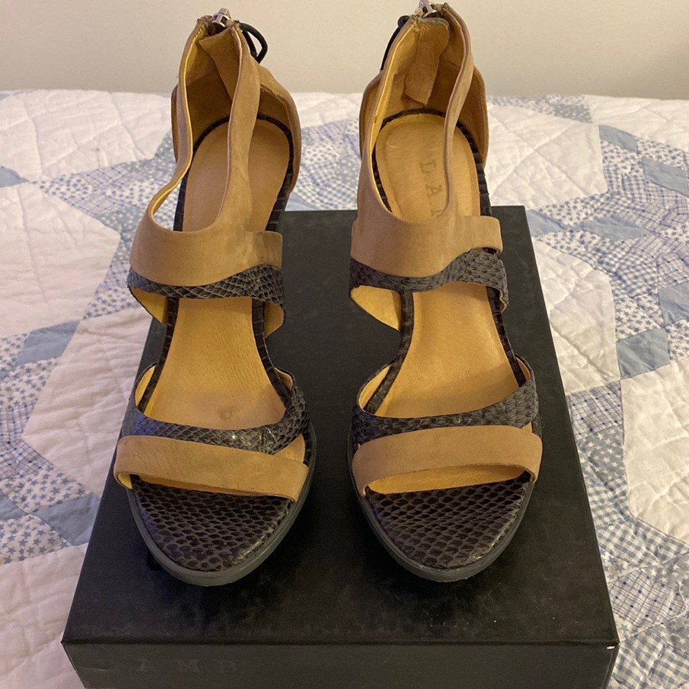Lamb pumps with grey snake skin and tan suede.